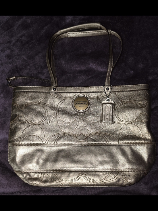 Coach Handbags - Vintage Coach Signature Stripe Stitch Metallic Gold Leather Tote  - EUC